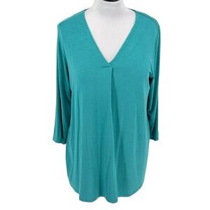J Jill Wearever Collection Slub Knit Teal Blue V Neck 3/4 Sleeve Tunic Top SZ L